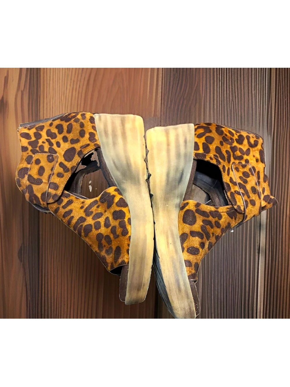 Pierre Dumas Leopard Print Wedge Sandals in Tan and Black